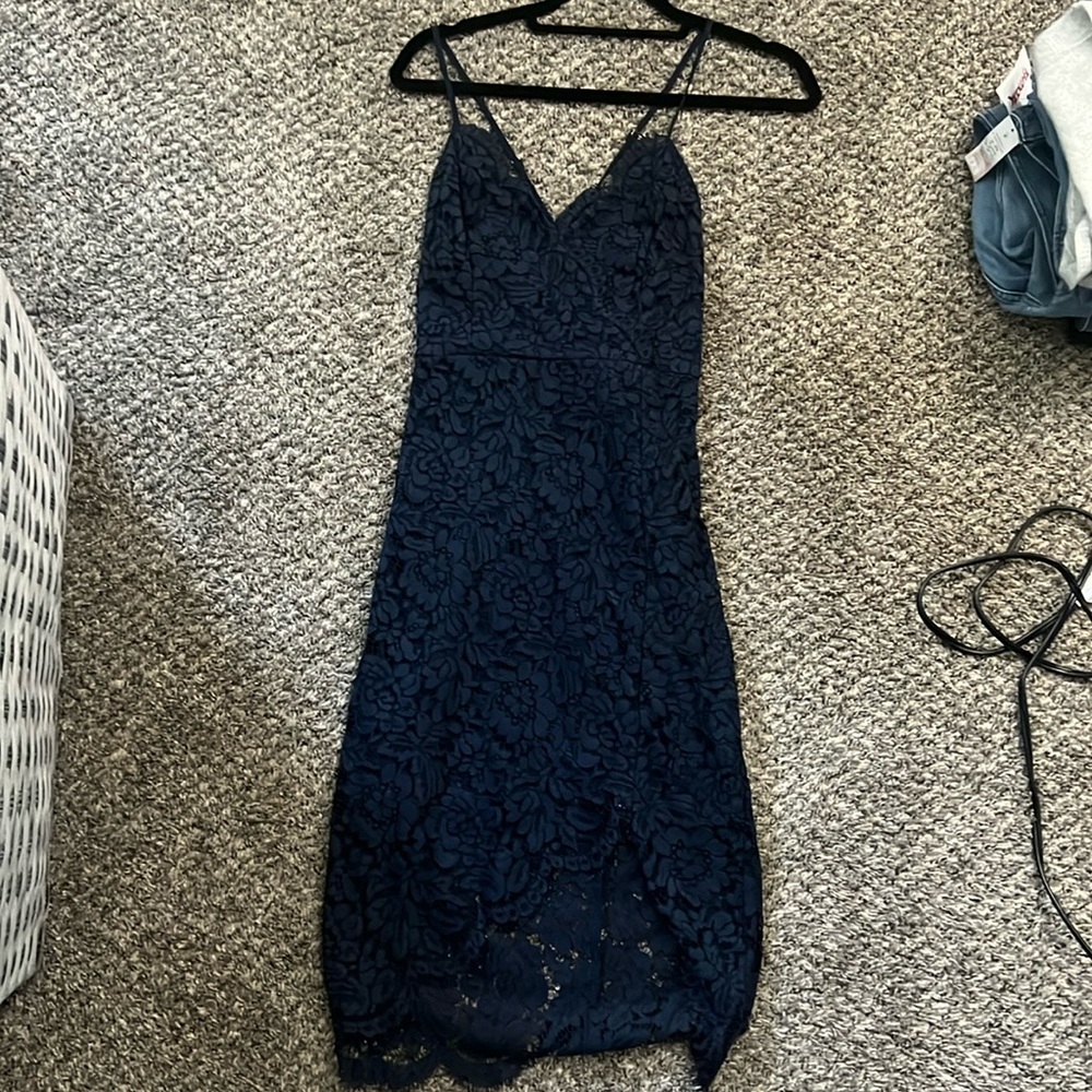 Lulus Flirting with Desire Navy Blue Lace Bodycon Dress